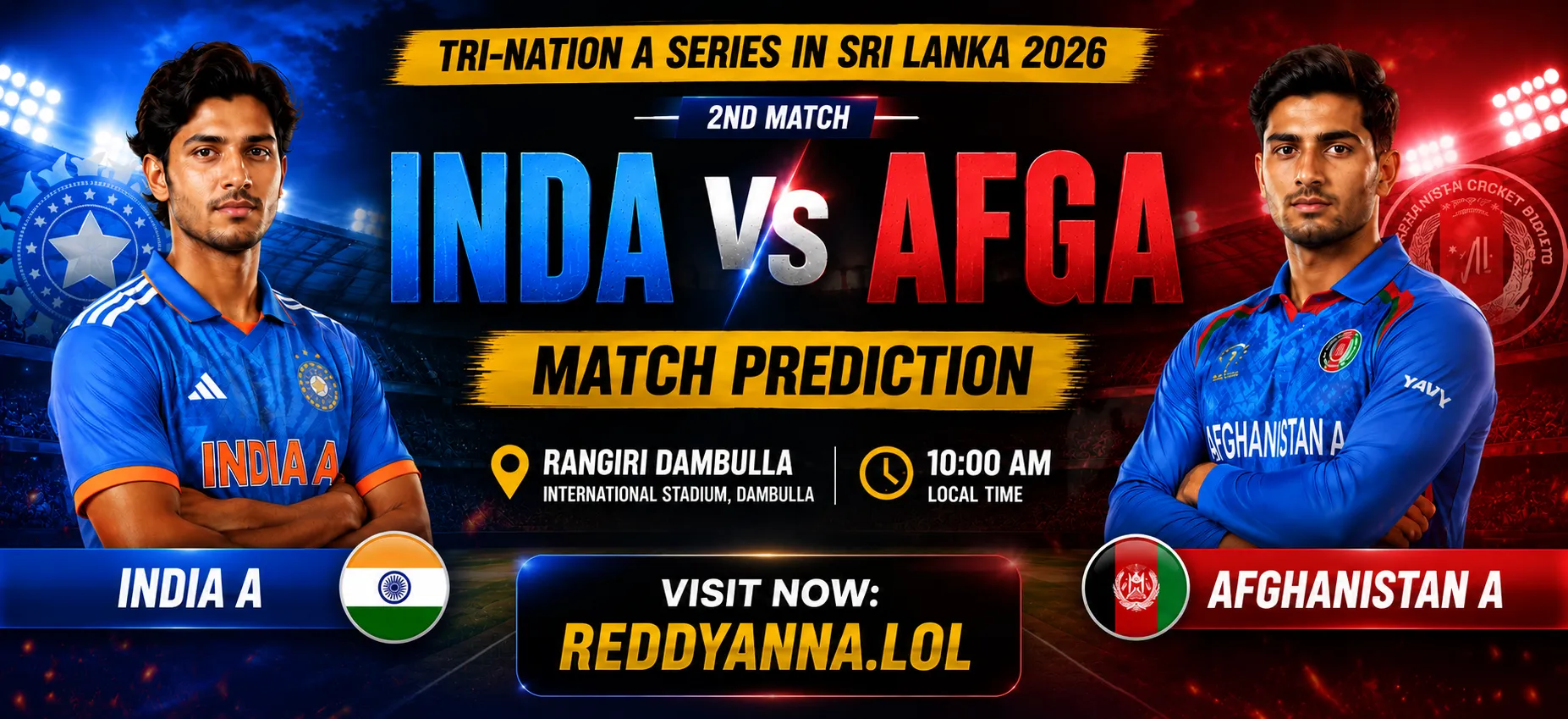 India vs Afghanistan match prediction graphic for Tri Nation A Series 2026