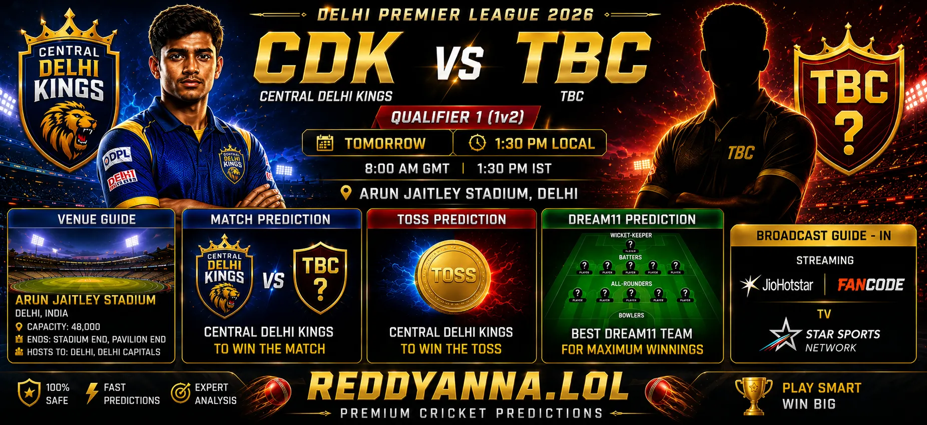 CDK vs TBC Qualifier 1 match prediction Delhi Premier League 2026