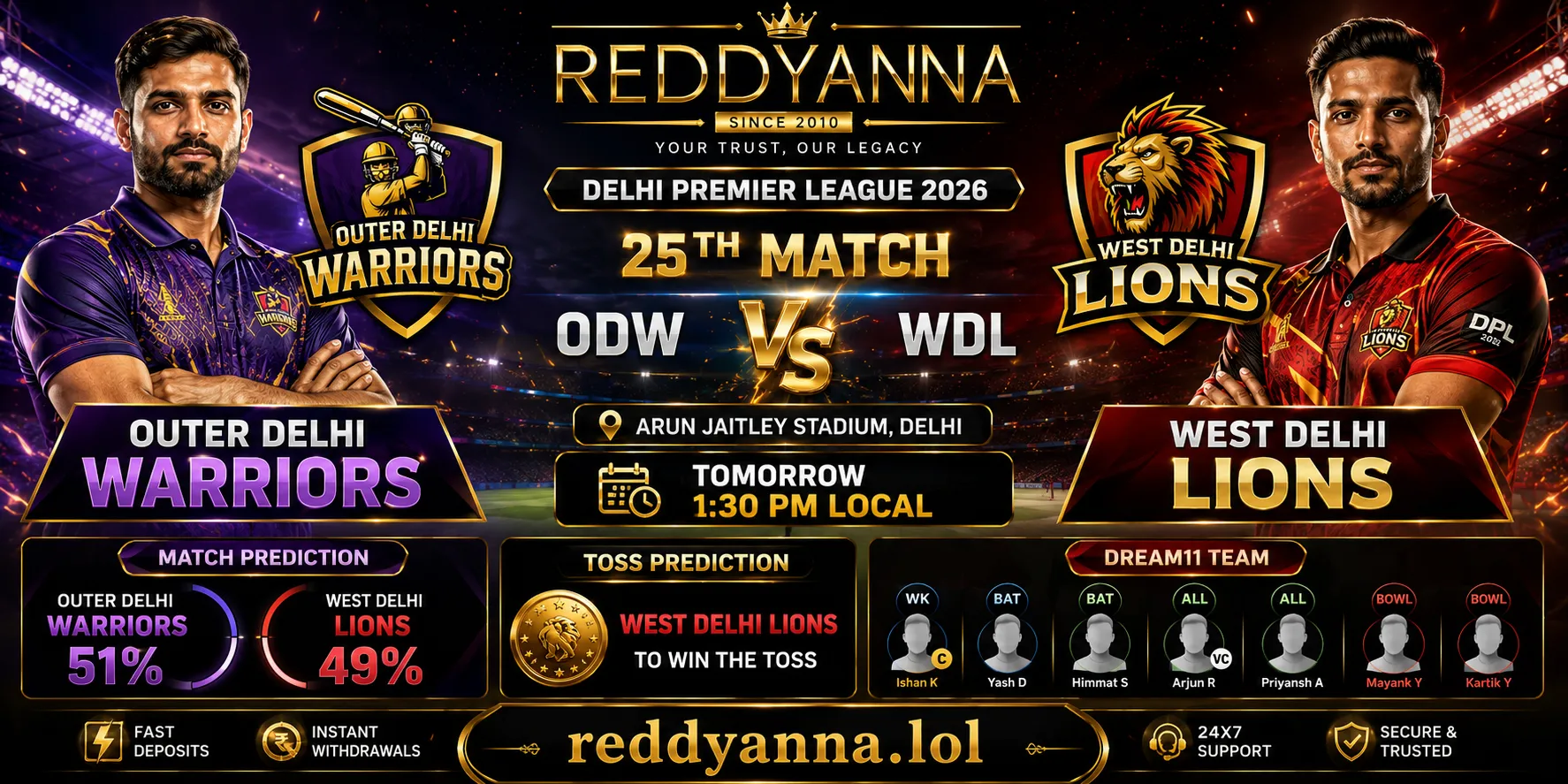 ODW vs WDL match prediction Delhi Premier League 2026