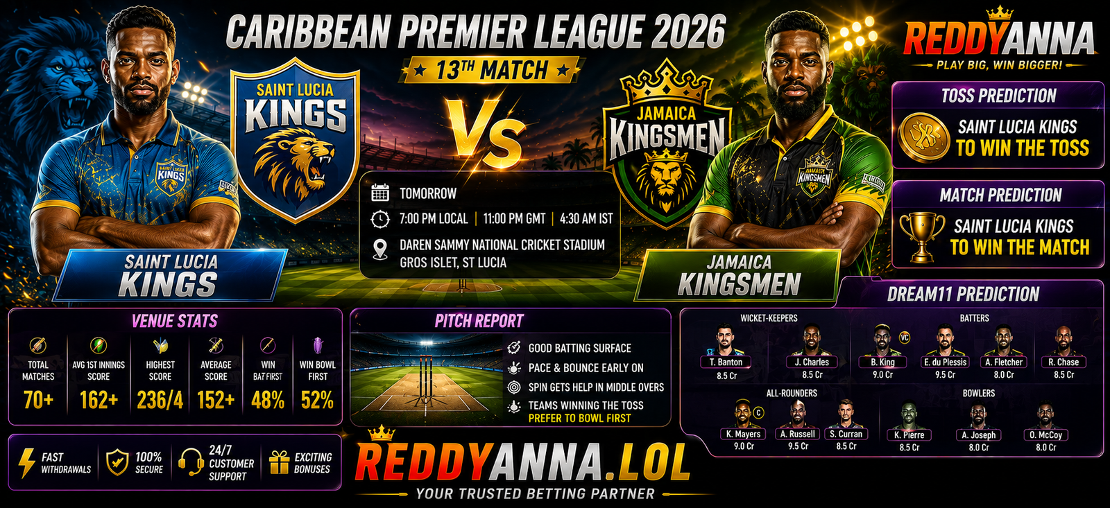 SLK vs JKM match prediction Caribbean Premier League 2026