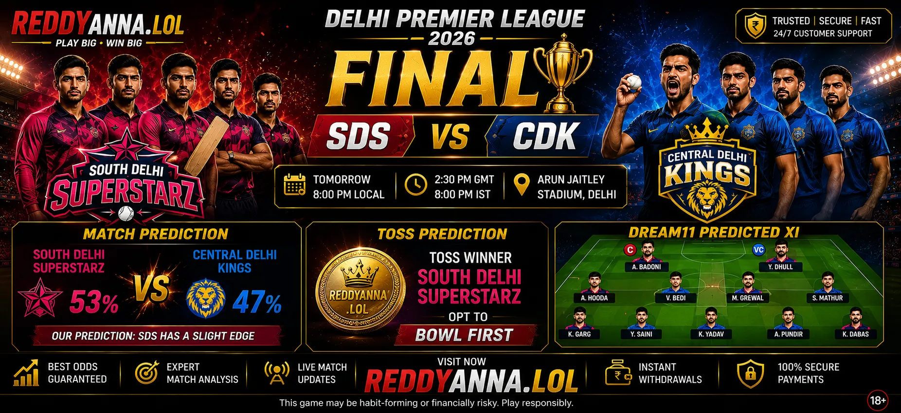 SDS vs CDK Final match prediction Delhi Premier League 2026