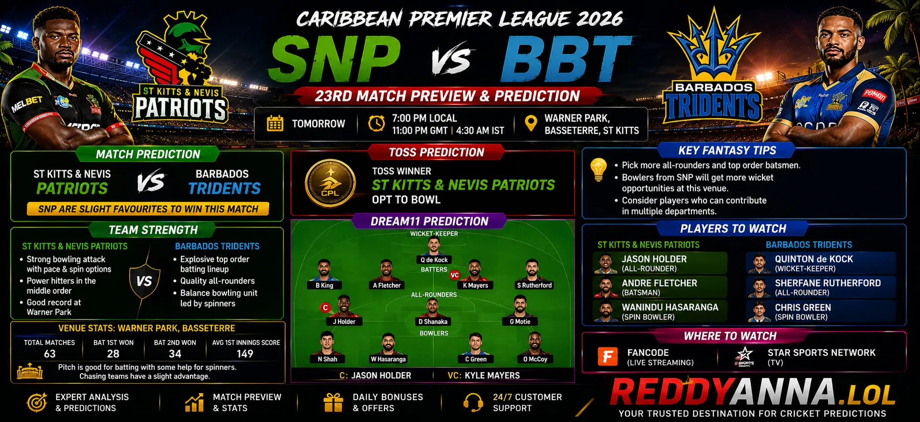 SNP vs BBT match prediction Caribbean Premier League 2026